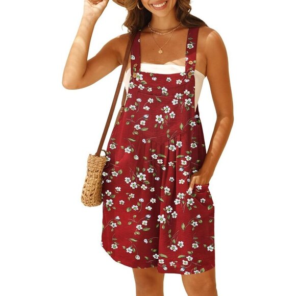 Womens wine Red Daffodil Wide Leg Shorts Overalls Adjustable Strap Bib Jumpsuit - Picture 2 of 6
